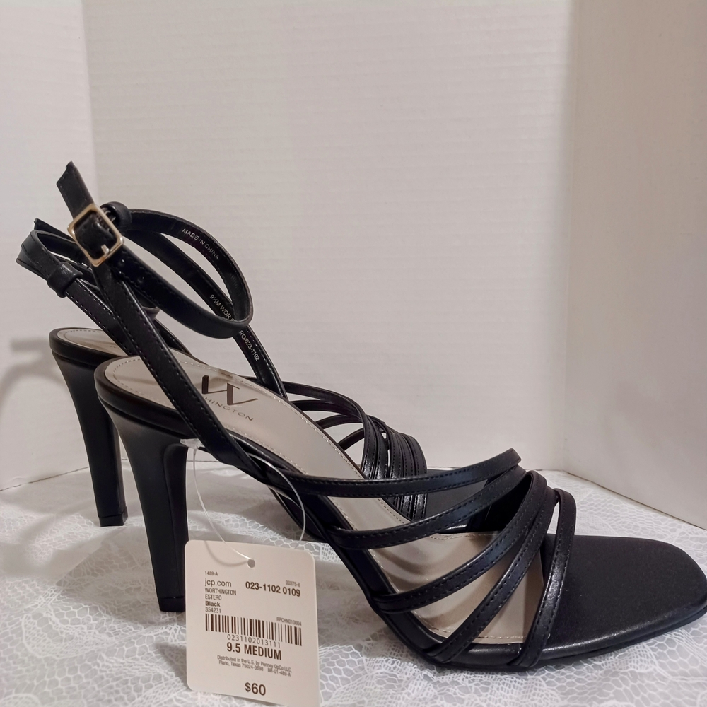 Worthington Black Ankle Strap Heel Open Toe Sandals 9.5